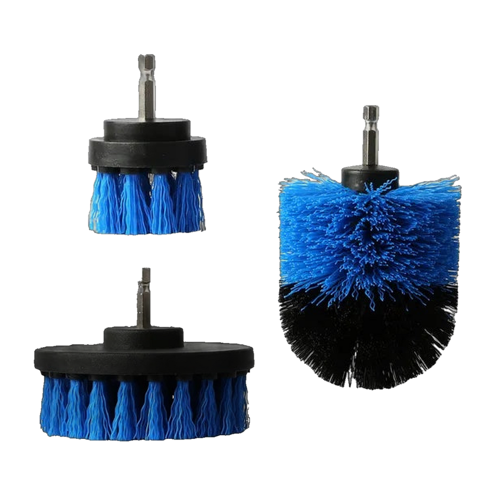 Three drill brush heads with quarter-inch hex shanks: 4-inch flat, 2-inch flat and 3.5-inch cone
