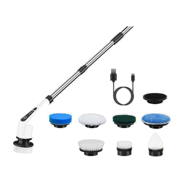NestHaven cordless spin scrubber with telescoping arm, eight brush heads and USB-C cable