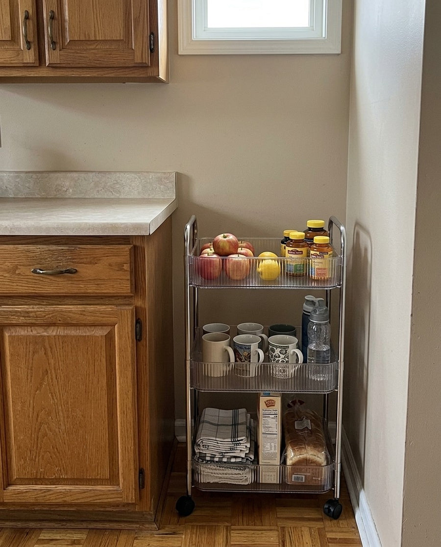 The same counter cleared, with the rolling cart holding everything beside it