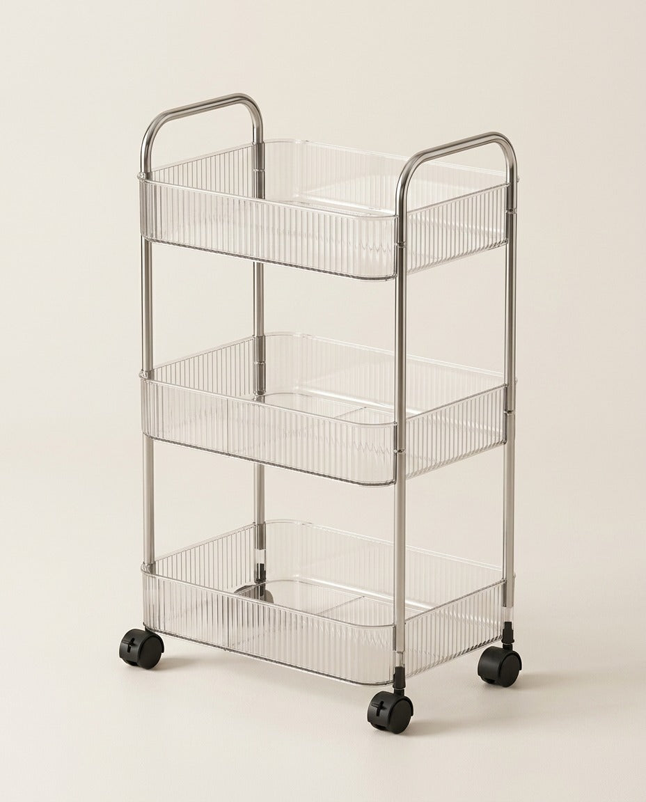 3-Tier rolling storage cart, steel frame with three clear ribbed trays