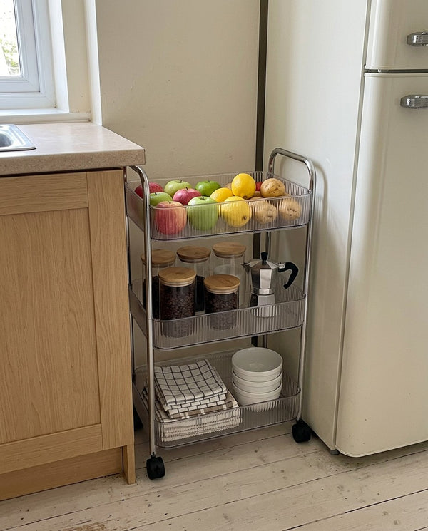 Rolling storage cart in a kitchen
