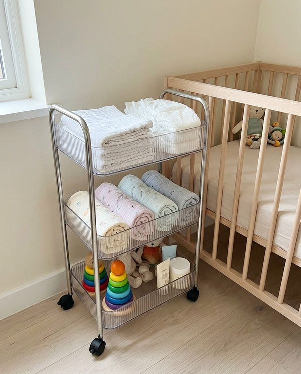 Rolling storage cart in a nursery