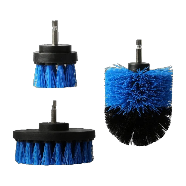 Three drill brush heads with quarter-inch hex shanks: 4-inch flat, 2-inch flat and 3.5-inch cone