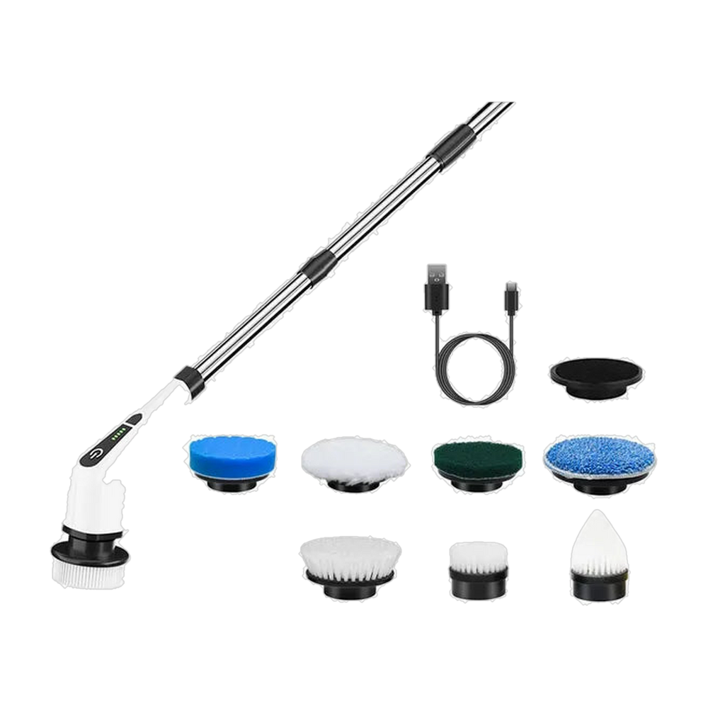 NestHaven cordless spin scrubber with telescoping arm, eight brush heads and USB-C cable