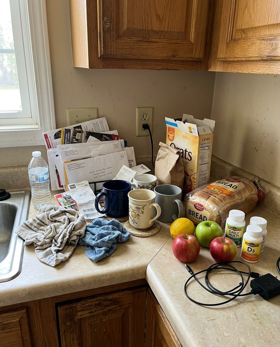 Kitchen counter cluttered with fruit, jars, towels and bowls