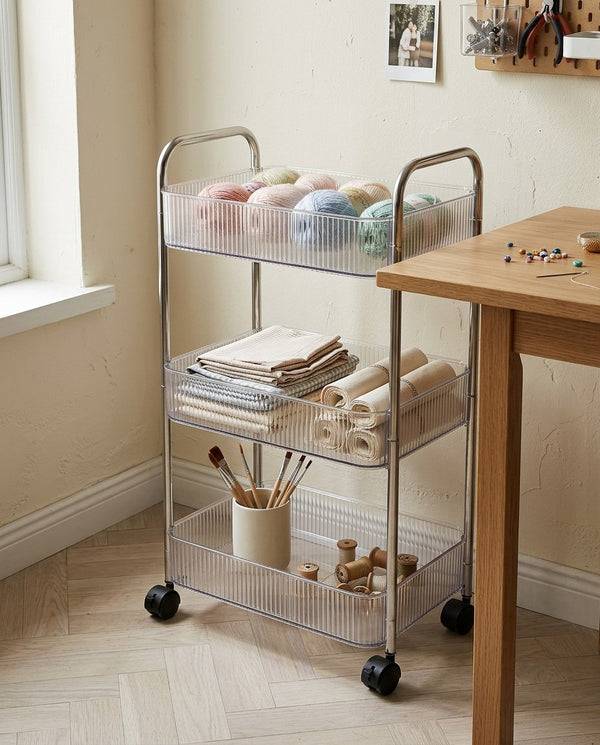 Rolling storage cart in a craft room