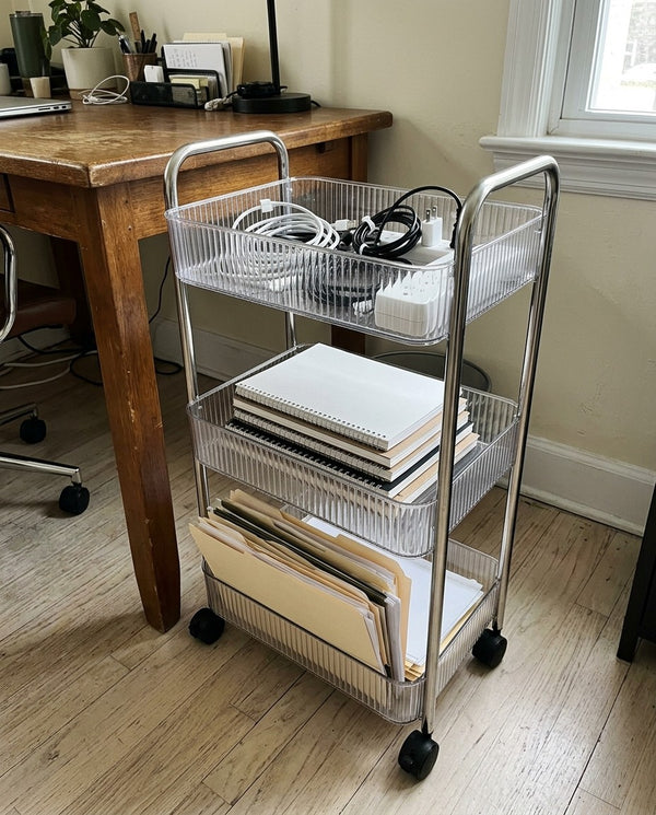 Rolling storage cart in a home office